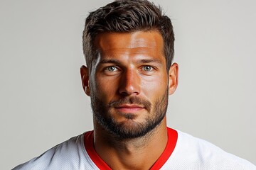 Fototapeta premium A close-up portrait of a male athlete with a serious expression, showcasing athleticism and confidence.