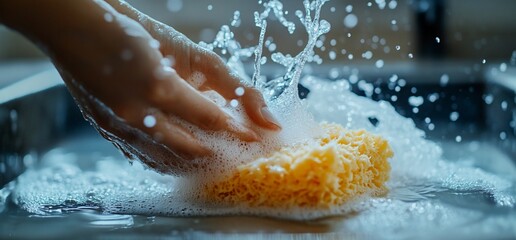 Fototapeta premium Hands washing sponge in soapy water, kitchen sink background. Cleaning