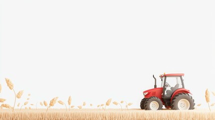 A red tractor in a wheat field with a clean white background.