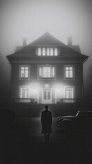 Mysterious Foggy Night at a Haunted House with Eerie Lights and a Silhouetted Figure: Captivating Atmosphere for Personal or Commercial Use.