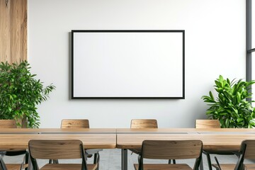 Workspace setup with an empty screen, wooden table, and vibrant greenery accents.
