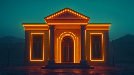 Fototapeta premium Modern architectural structure illuminated with glowing orange neon lights against a dark moody background