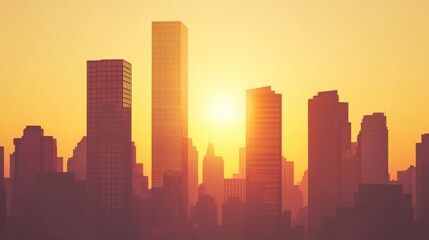 Fototapeta premium Urban Skyline Silhouette at Sunset with Warm Golden Light Over City Buildings and Structures
