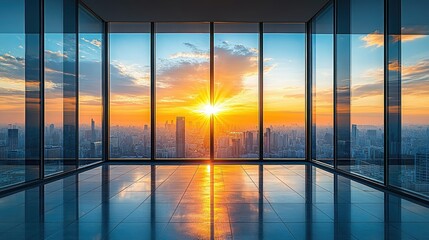 Fototapeta premium A stunning sunset view from a modern glass office, showcasing a vibrant skyline and reflective floors.