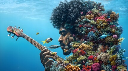 Underwater Musician Man with Afro Playing Bass Guitar Surrounded by Vibrant Coral Reef and Fish