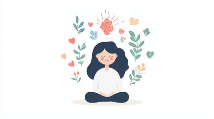 Obraz premium A serene illustration of a woman meditating amidst hearts and leaves, symbolizing mindfulness.