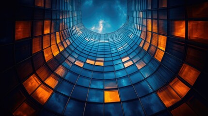 Naklejka premium A stunning view of a modern glass building, showcasing reflections and a dramatic sky.