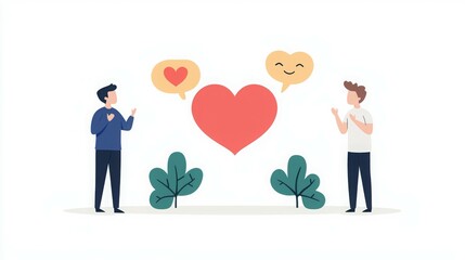 Two people expressing love with hearts and plants in a simple, cheerful design.