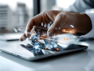 Hand interacting with futuristic holographic interface on a tablet showcasing global data, graphs, and analytics in a modern workspace