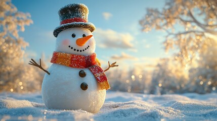 Obraz premium Happy snowman sunset winter wonderland greeting card