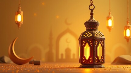 Obraz premium A 3D rendered Islamic Ramadan background with a warm golden glow.Arabic lantern, a metallic moon, and a mosque portal. Modern style with a luxurious 