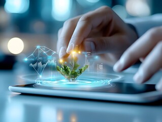 Hand interacting with a futuristic holographic interface showing a growing plant and sustainability data on a tablet