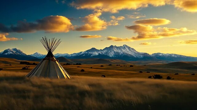 Visiting a traditional tipi under a vast sky showcasing golden hues at sunset in the mountainous countryside