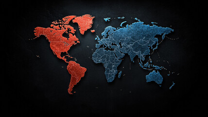 Vivid and colorful map of world, showcasing countries in red and blue