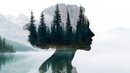 Serene Woman Silhouette Double Exposure Mountains Lake Forest