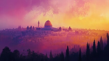Obraz premium A vibrant sunset over a historic cityscape featuring a prominent dome and minaret.