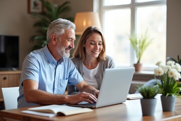 Obraz premium Cheerful Senior Couple Working Together on Laptop in Cozy Home Office with Plants and Natural Light, Engaging in Technology and Communication