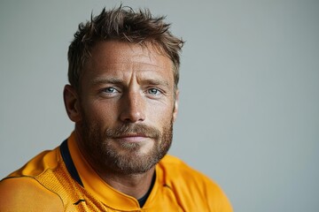 Obraz premium A close-up portrait of a man with a rugged appearance, wearing an orange shirt.