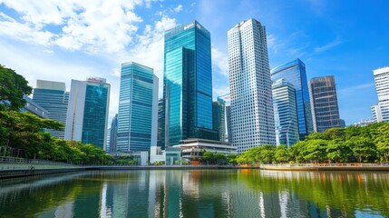 Fototapeta premium Modern city skyline with skyscrapers reflected in a calm lake, surrounded by lush green trees and blue sky.
