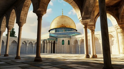 Fototapeta premium A serene view of a historic mosque with a golden dome and intricate architecture.