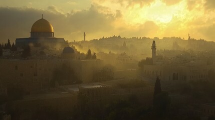 Obraz premium A scenic view of a historic city at sunset, featuring a prominent dome and minarets.
