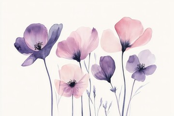 Delicate watercolor flowers in pale pink and lavender shades, arranged in a minimalistic composition.