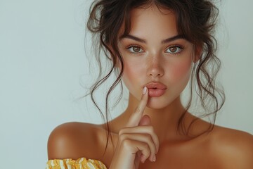 A close-up portrait of a young woman with a playful expression, finger on lips, suggesting secrecy.