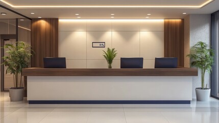 Modern reception area with a wooden desk, plants, and a clean, professional design.