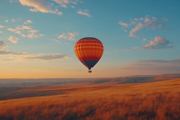 Obraz premium Hot air balloon flight over golden field at sunrise (1)