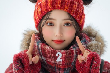 A young woman in a cozy winter outfit poses playfully in the snow, holding up a number two.