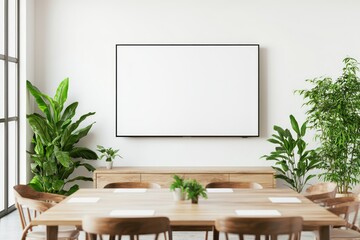 Office meeting area featuring a large plain TV and minimalist design accents.