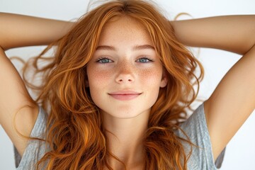 A smiling young woman with red hair poses with her hands behind her head, exuding confidence.