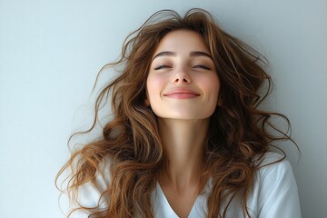 A smiling woman with long, wavy hair against a light background, conveying joy and positivity.