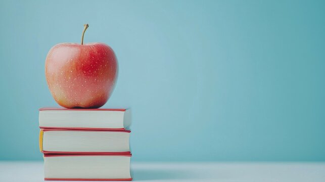 A red apple sits atop a stack of three books against a light blue background. - Powered by Adobe