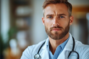 A serious-looking male doctor with a stethoscope, conveying professionalism and care.