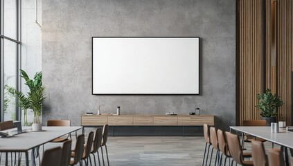 Large blank TV screen setup in a modern conference room with neutral tones.