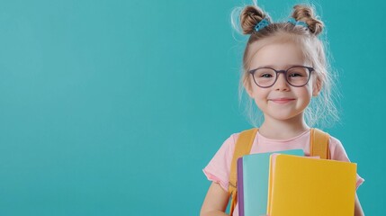 Obraz premium A cheerful girl with glasses holds colorful books against a bright background.