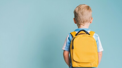 A young child with a yellow backpack stands against a light blue background.