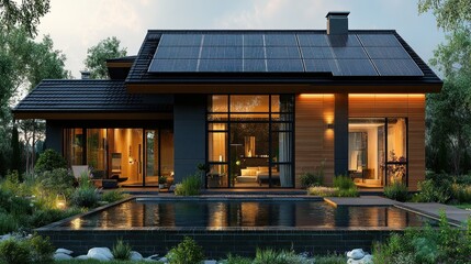 Modern solar house with pool, evening view, suburban setting, real estate