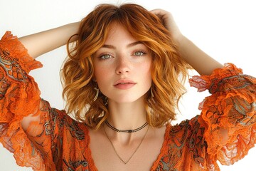 A young woman with wavy hair poses gracefully, wearing an ornate orange blouse.