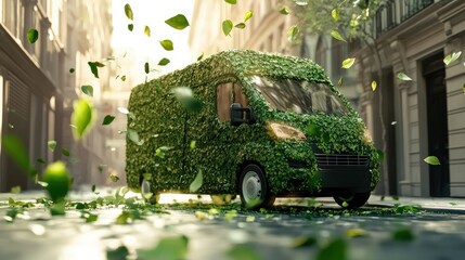 A white delivery van driving on a road covered with green leaves