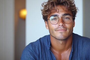 A young man with curly hair and glasses smiles warmly in a bright, modern interior.