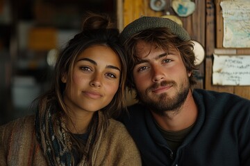 A close-up portrait of two young adults smiling warmly together in a cozy setting.