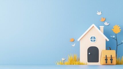 A whimsical illustration of a house with a backpack and autumn leaves against a blue background.