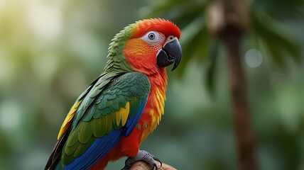 A vibrant macaw perched gracefully on a branch, showcasing its colorful feathers in a lush green environment.