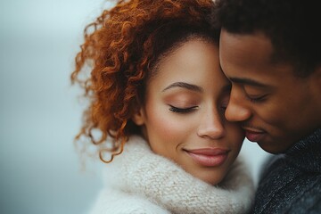 A close-up of a couple embracing, showcasing intimacy and affection in a serene setting.