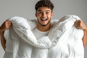 A smiling young man playfully holds a fluffy white puffer jacket, exuding joy and warmth.