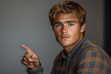 A young man with a thoughtful expression gestures with his finger, suggesting a point or idea.