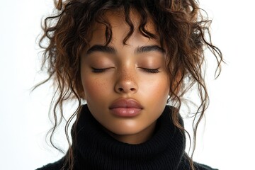 A serene portrait of a young woman with curly hair, eyes closed, exuding calmness and beauty.