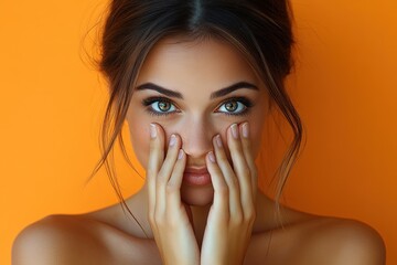 A portrait of a woman with striking eyes against an orange background, conveying emotion.